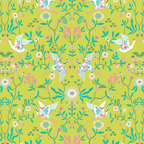 COTTON - Dashwood Studios - Blossom Days - Cranes Lime with metallic accents