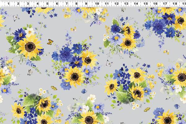 COTTON - Clothworks - Sunflower Bouquets - Mist Grey