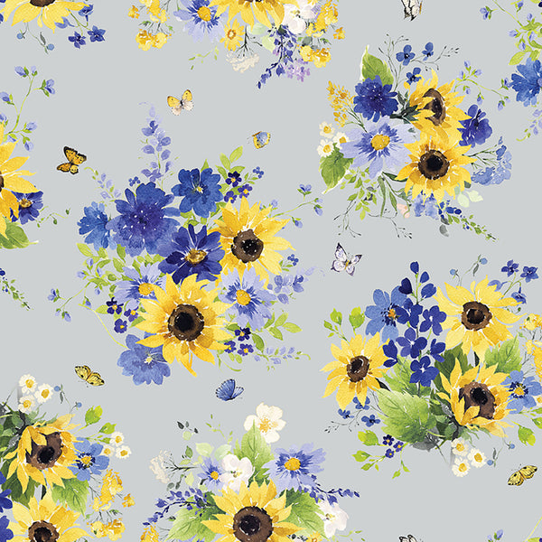COTTON - Clothworks - Sunflower Bouquets - Mist Grey
