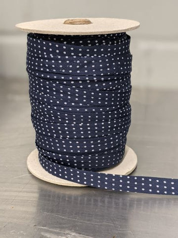 13mm Bias Tape Poly Cotton 90/10 DOTTED NAVY + WHITE  (1/2 yard)
