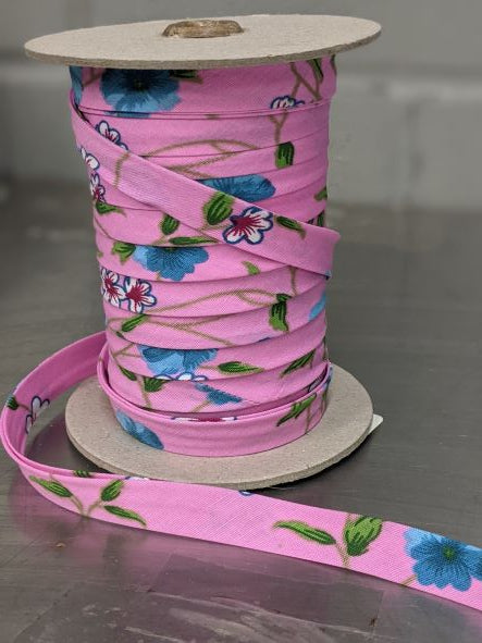 13mm Bias Tape Poly Cotton 90/10 Floral PINK/TURQUOISE (1/2 yard)