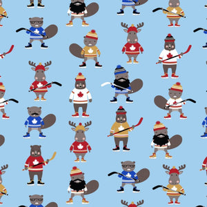 COTTON - Robert Kaufman -  PURELY CANADIAN EH: UNDER THE NORTHERN LIGHTS - Critters Playing Hockey - Blue
