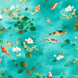 COTTON - Robert Kaufman -  Lotus and Koi - Pond Aqua