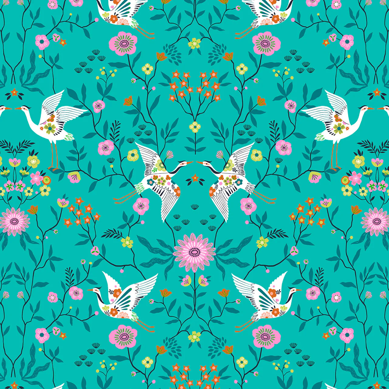 COTTON - Dashwood Studios - Blossom Days - Cranes Turquoise with metallic accents