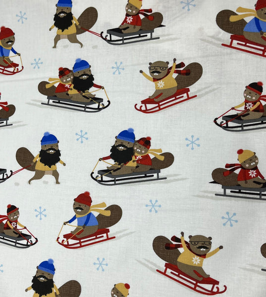 COTTON - Robert Kaufman -  PURELY CANADIAN EH: UNDER THE NORTHERN LIGHTS - Critters Sledding - White