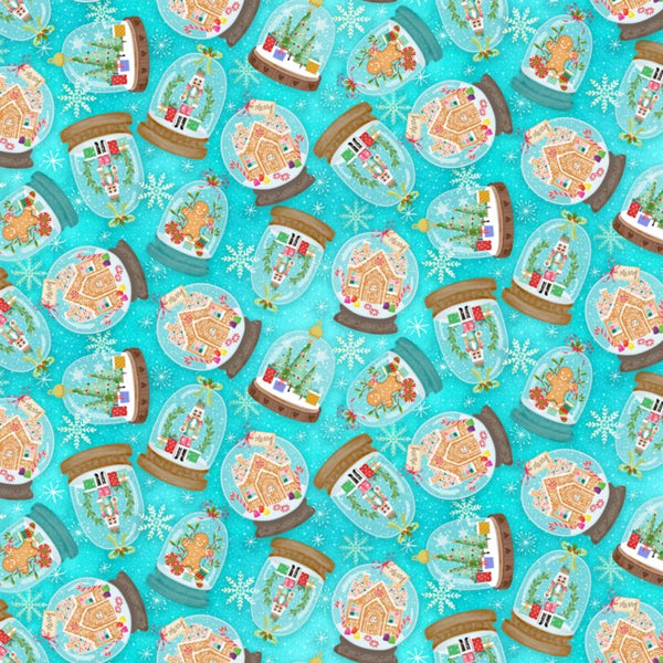 COTTON - Timeless Treasures - Gingerbread Dreams Snowglobes - Turquoise