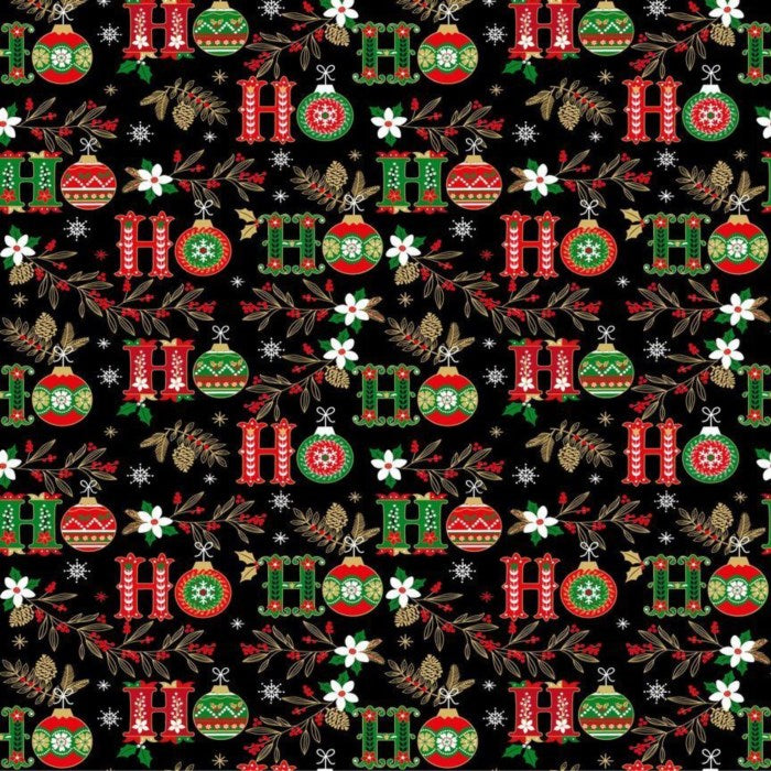 COTTON - Timeless Treasures - Christmas Magic HOHO Text & Christmas Floral - Black