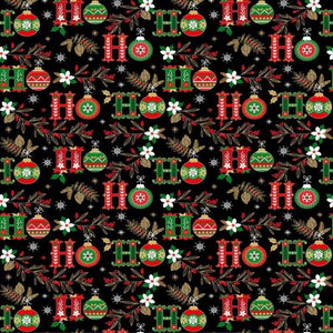 COTTON - Timeless Treasures - Christmas Magic HOHO Text & Christmas Floral - Black