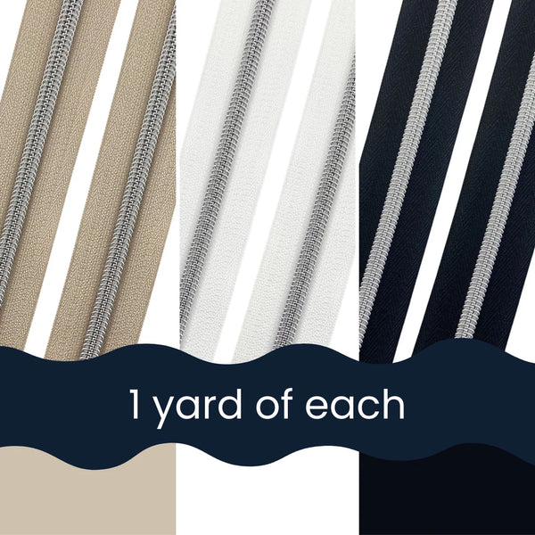 The Easy Choice Zipper Tape Bundle - Size #5 SILVER Nylon Coil Zipper Tape - pkg of (3) 1-yard cuts of each colour