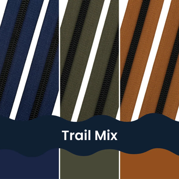 Trail Mix Zipper Tape Bundle - Size #5 BLACK Nylon Coil Zipper Tape - pkg of (3) 1-yard cuts of each colour