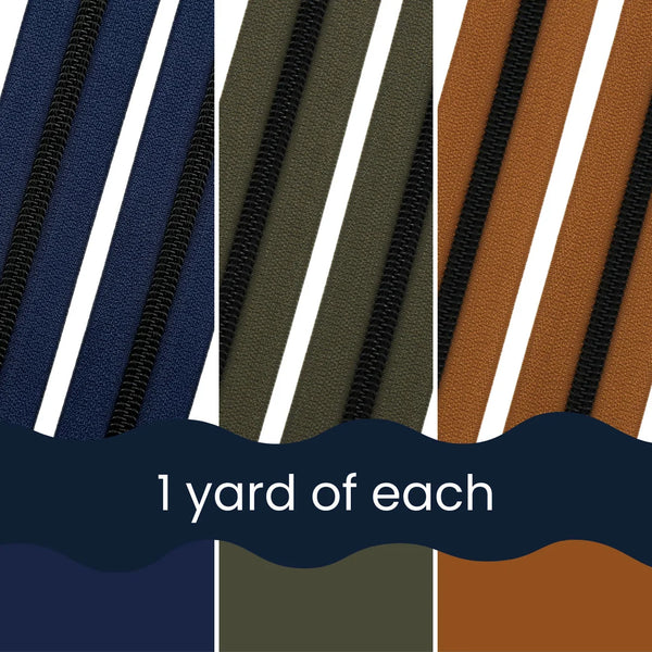 Trail Mix Zipper Tape Bundle - Size #5 BLACK Nylon Coil Zipper Tape - pkg of (3) 1-yard cuts of each colour