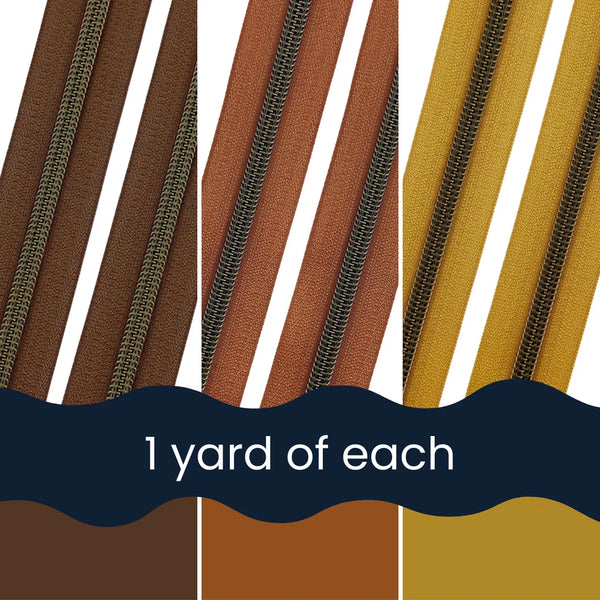 Turkey Dinner Zipper Tape Bundle - Size #5 BRONZE Nylon Coil Zipper Tape - pkg of (3) 1-yard cuts of each colour