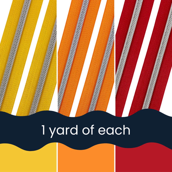 Sunburst Zipper Tape Bundle - Size #5 SILVER Nylon Coil Zipper Tape - pkg of (3) 1-yard cuts of each colour