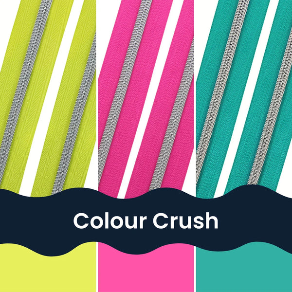 Colour Crush Zipper Tape Bundle - Size #5 SILVER Nylon Coil Zipper Tape - pkg of (3) 1-yard cuts of each colour
