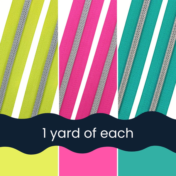 Colour Crush Zipper Tape Bundle - Size #5 SILVER Nylon Coil Zipper Tape - pkg of (3) 1-yard cuts of each colour