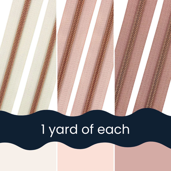 Petal & Pearl Tape Bundle - Size #5 ROSE GOLD Nylon Coil Zipper Tape - pkg of (3) 1-yard cuts of each colour