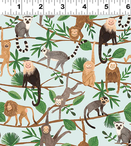 COTTON - Clothworks - Ticket To The Zoo - Monkeys - Light Turquoise
