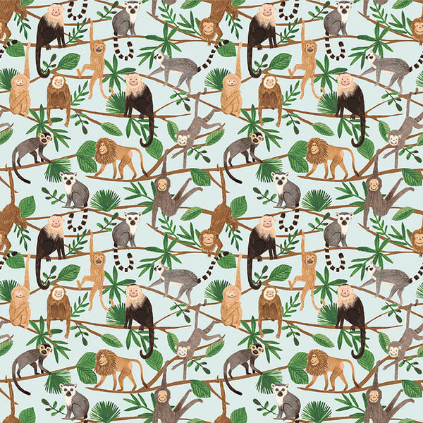 COTTON - Clothworks - Ticket To The Zoo - Monkeys - Light Turquoise