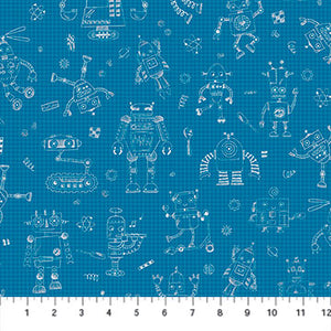 COTTON - Rollicking Robots - Blue Drawing Board